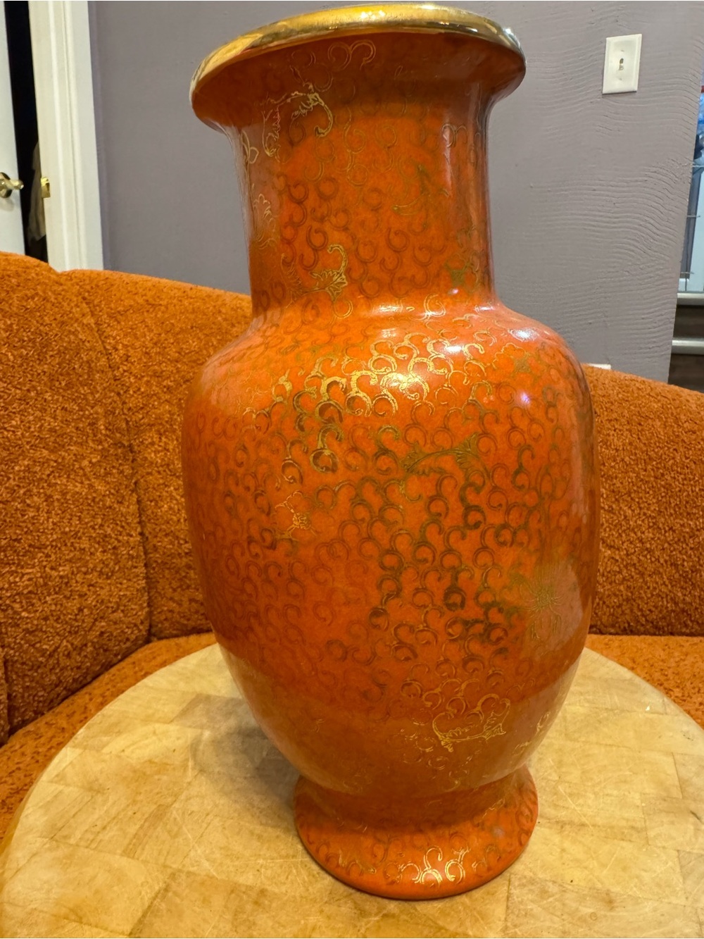 Handcrafted Orange Decorative Floor Vase with Gold Accents